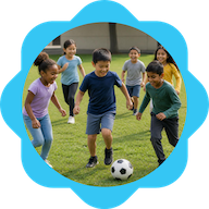 A group of children playing soccer on grass